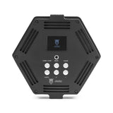 Front control panel of Sage Space ATOM stroboscopic light—hexagonal housing with LCD screen, six function buttons (start/stop, white, color, audio ±), and vent slots. img