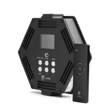 Sage Space ATOM hexagonal stroboscopic light head (rear view) with LCD screen, six control buttons, vent slots, and matching slim black remote for wireless operation. img
