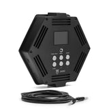 Rear view of Sage Space ATOM stroboscopic light head showing LCD screen, six control buttons, ventilation slots, and detachable braided cable. img