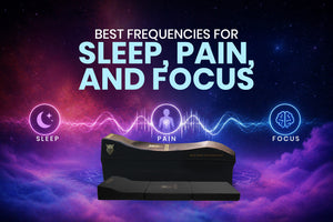 A black curved sound therapy device is centered against a cosmic purple and blue background with large text reading 'BEST FREQUENCIES FOR SLEEP, PAIN, AND FOCUS' and icons labeled Sleep, Pain, and Focus.