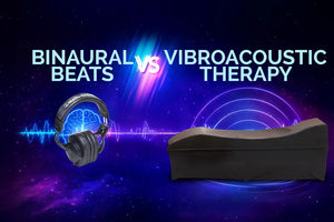A visual comparison between headphones representing binaural beats and a therapy bed representing vibroacoustic therapy.