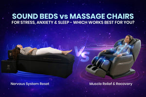 Comparison between sound beds and massage chairs with text on a purple background